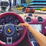 Pohled z interiéru luxusního sportovního auta na rušnou městskou ulici s náklaďákem, autobusem a dalšími auty v provozu