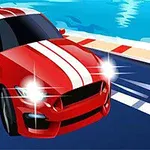 Červené sportovní auto s bílými pruhy jede po závodní dráze u moře