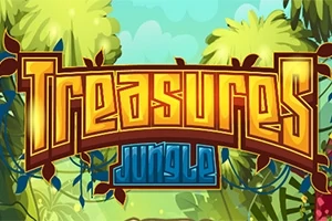 Barevný nápis Treasures Jungle obklopený zelenými listy a džunglovými rostlinami