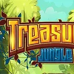 Barevný nápis Treasures Jungle obklopený zelenými listy a džunglovými rostlinami