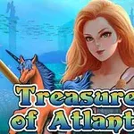 Žena s dlouhými zrzavými vlasy a jednorožec pod vodou s textem „Treasures of Atlantis“