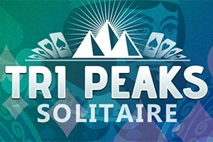 Název Tri Peaks Solitaire s motivem tří hor, karet a stylizovanou ženskou tváří na pozadí