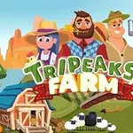 Tři postavy stojící na farmě s nápisem TriPeaks Farm a obrázky vesnických prvků