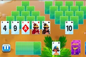 Karetní hra s odkrytými kartami 4, 9, A, dvěma královnami a 10, zeleným balíčkem dole a fialovým balíčkem Joker