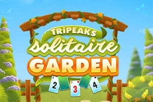 Dřevěná oblouková brána s květinami a nápisy TRIPEAKS SOLITAIRE GARDEN na pozadí zahrady s barevnými lesklými kartami