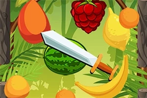 Ovoce jako mango, malina, banán a meloun létající kolem meče na zeleném pozadí