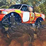Velký červený monster truck projíždí blátivou stezkou v lesním prostředí