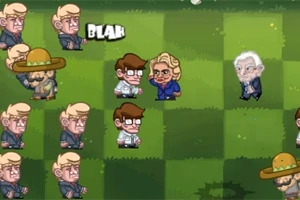 Postavy různých karikatur ve stylu animace stojí na šachovnicovém trávníkovém poli