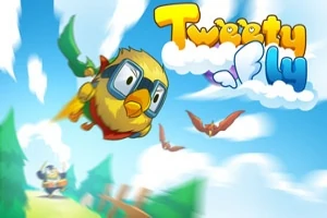 Žlutý pták s brýlemi letí oblohou, doprovázený nápisem Tweety Fly s modrou oblohou a oblaky v pozadí