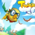 Žlutý pták s brýlemi letí oblohou, doprovázený nápisem Tweety Fly s modrou oblohou a oblaky v pozadí