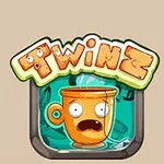 Oranžový hrnek s vystrašeným obličejem pod názvem Twinz na světle hnědém pozadí