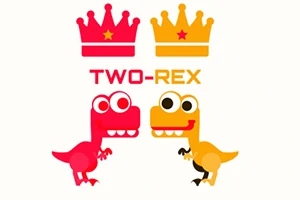 Dva kreslení dinosauři, jeden červený a druhý žlutý, s korunami nad hlavami a nápisem TWO-REX