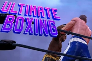Dva boxeři bojují v ringu pod nápisem Ultimate Boxing na modrofialovém pozadí
