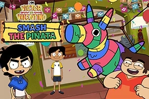 Barevná animace tří postav v místnosti s ozdobami a duhovou piñatou