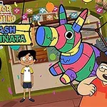 Barevná animace tří postav v místnosti s ozdobami a duhovou piñatou