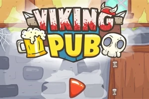 Barevná ilustrace s nápisem Viking Pub, která zahrnuje pivo, lebku a dřevěné dveře na pozadí