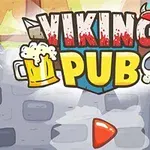 Barevná ilustrace s nápisem Viking Pub, která zahrnuje pivo, lebku a dřevěné dveře na pozadí
