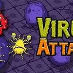Barevné karikatury virů s textem Virus Attack na pozadí s fialovými kameny