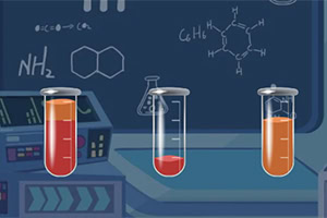 Tři zkumavky s různými barevnými kapalinami na laboratorním stole s chemickými vzorci na tabuli v pozadí
