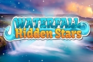 Název Waterfall Hidden Stars na pozadí krajiny s vodopádem a večerní oblohou