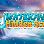 Název Waterfall Hidden Stars na pozadí krajiny s vodopádem a večerní oblohou