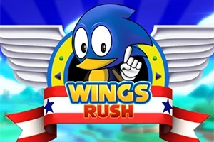 Modrá postavička s křídly a nápisem Wings Rush na pozadí s modrou oblohou