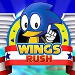 Modrá postavička s křídly a nápisem Wings Rush na pozadí s modrou oblohou
