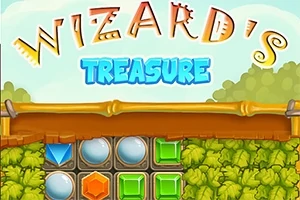 Barevná grafika s nápisem Wizards Treasure a herními prvky, jako jsou diamanty a kameny, na pozadí přírody