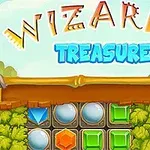 Barevná grafika s nápisem Wizards Treasure a herními prvky, jako jsou diamanty a kameny, na pozadí přírody
