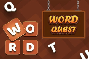 Hnědé pozadí s visící cedulí obsahující nápis Word Quest a rozptýlené písmenové dlaždice