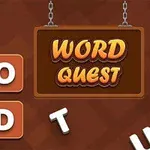 Hnědé pozadí s visící cedulí obsahující nápis Word Quest a rozptýlené písmenové dlaždice