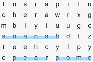 Textová osmisměrka s vyznačenými slovy banana, pear a pome