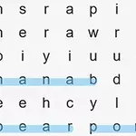 Textová osmisměrka s vyznačenými slovy banana, pear a pome
