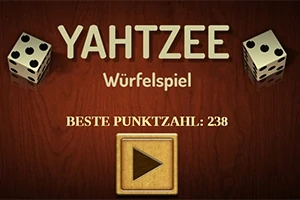Dvě kostky, nápisy YAHTZEE a Würfelspiel na dřevěném pozadí s tlačítkem pro spuštění hry a nejlepšími body: 238