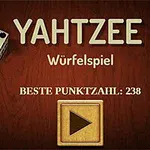 Dvě kostky, nápisy YAHTZEE a Würfelspiel na dřevěném pozadí s tlačítkem pro spuštění hry a nejlepšími body: 238