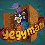 Muži s kloboukem a velkým nosem, který drží svitek před otevřeným trezorem, dominuje text Yeggman