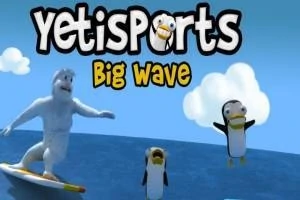 Snímek zobrazuje surfařského yetiho a dva tučňáky na vlnách pod modrou oblohou s nápisem Yetisports Big Wave