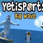 Snímek zobrazuje surfařského yetiho a dva tučňáky na vlnách pod modrou oblohou s nápisem Yetisports Big Wave
