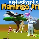 Barevná scéna se zvířaty včetně plameňáka, žirafy, supa, tučňáka, bílého tvora a slona na louce s modrou oblohou