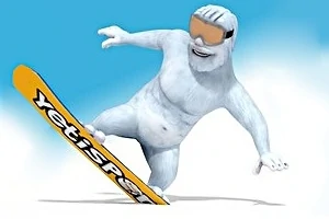 Bílý yetti s oranžovými brýlemi sjíždí na snowboardu s nápisem Yeti Sports na modrém pozadí
