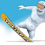 Bílý yetti s oranžovými brýlemi sjíždí na snowboardu s nápisem Yeti Sports na modrém pozadí