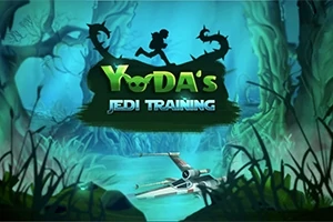 Silueta postavy běžící po větvi v temném lese s nápisem Yodas Jedi Training a letounem X-wing v popředí