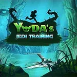 Silueta postavy běžící po větvi v temném lese s nápisem Yodas Jedi Training a letounem X-wing v popředí