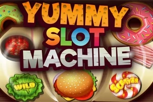 Barevná grafika s nápisem Yummy Slot Machine obklopená obrázky jídla, jako jsou koblihy, hamburger, a sladkosti