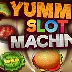 Barevná grafika s nápisem Yummy Slot Machine obklopená obrázky jídla, jako jsou koblihy, hamburger, a sladkosti