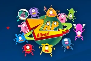 Barevné kreslené postavičky mimozemšťanů kolem nápisu „Zap Aliens!