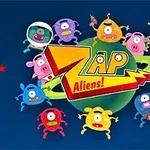Barevné kreslené postavičky mimozemšťanů kolem nápisu „Zap Aliens!