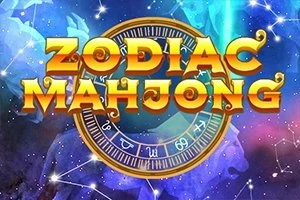 Barevný nápis ZODIAC MAHJONG na pozadí s hvězdnou oblohou a astrologickým znamením