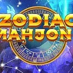 Barevný nápis ZODIAC MAHJONG na pozadí s hvězdnou oblohou a astrologickým znamením