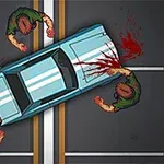 Modré auto stojí na křižovatce s postavami kolem něj a rudými stopami krevních stříkanců